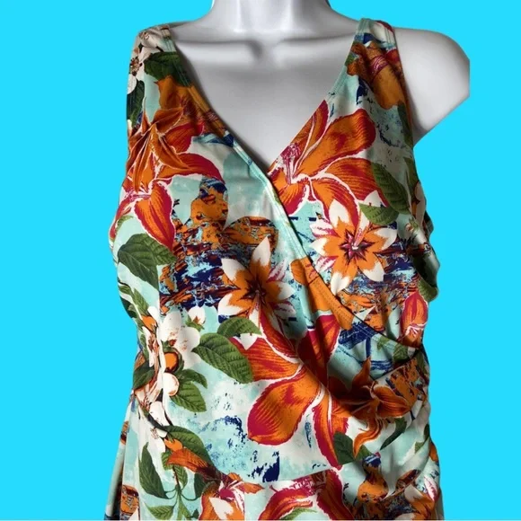 Denim & Co V-Neck Wrap Front Swim Dress Bright Tropical Size 10 New - Picture 10 of 11